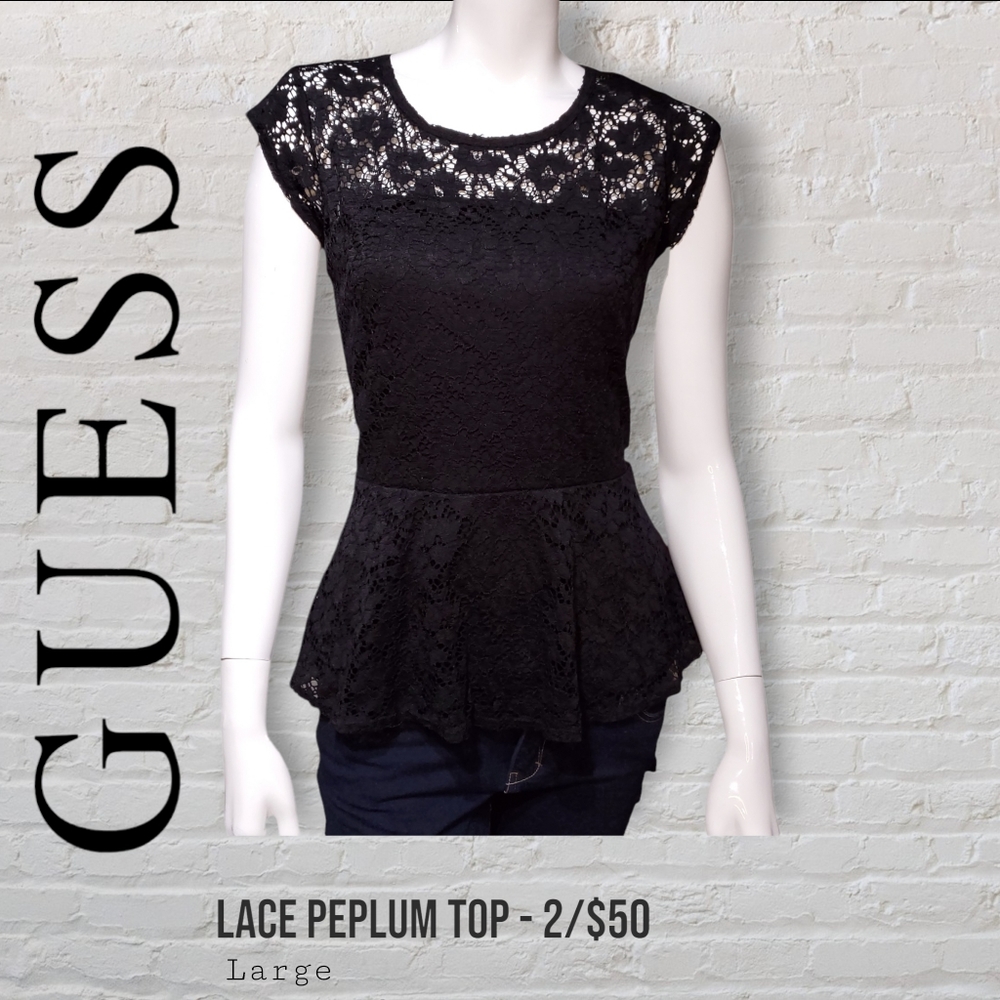 Guess Black Lace Floral Peplum Top Women's Large